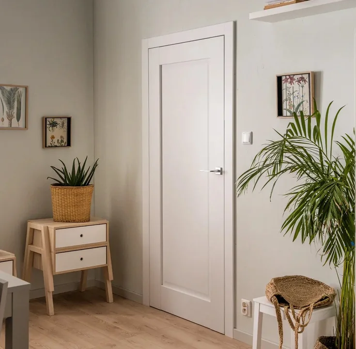 Białe drzwi wewnętrzne w jasnym pokoju z roślinami i naturalnymi dodatkami.
